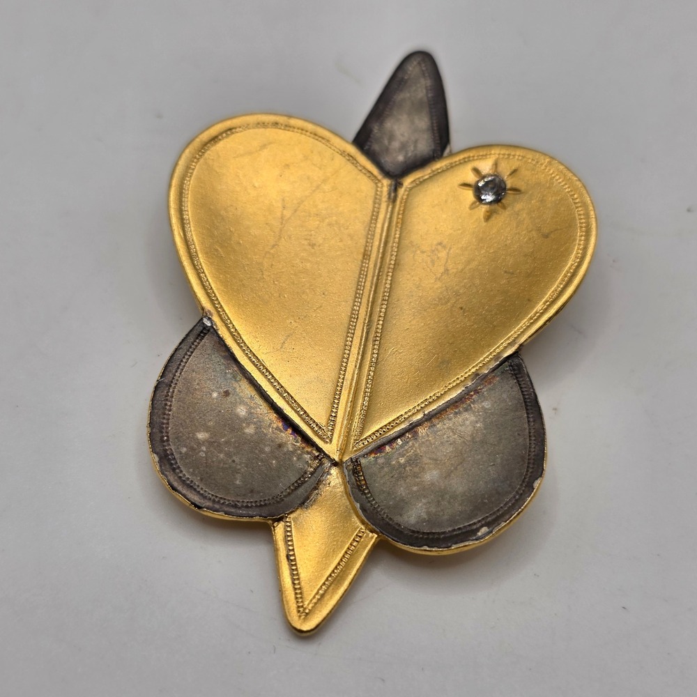 Nava Segev 1993 Vintage Mixed Metal Heart Brooch Pendant Gold Silver Rhinestone‎